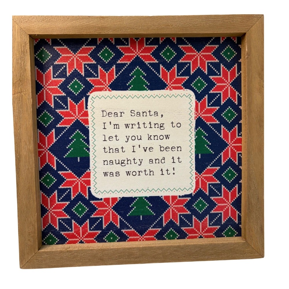Christmas Naughty List Wood Easel Frame Funny Dear Santa Fair Isle Decor 7x7